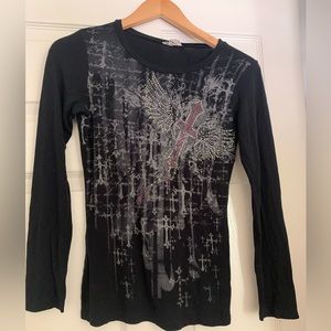 Vintage cross rhinestone long sleeve tee